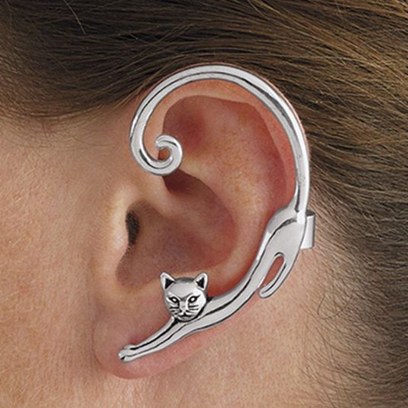 Boucle d'oreille à tige en forme de chat de style punk avec manchette d'oreille Boucle d'oreille à tige noire en forme d'animal rock - KaoKao