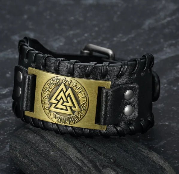 Bracelet en cuir pour hommes avec totem nordique, triangle et énergie viking. - KaoKao