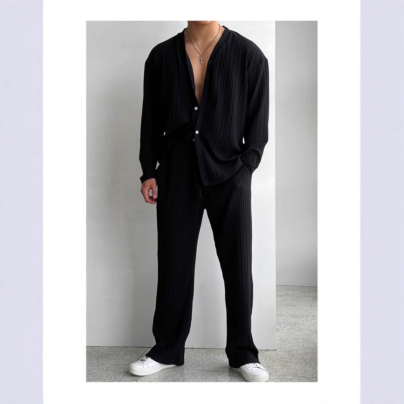 Costume décontracté pour homme avec chemise boutonnée et pantalon à manches longues