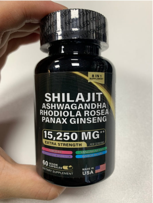 Shilajit Pure Himalayan 9000MG, Booster d'énergie Ashwagandha 2000MG, Rhodiola Rosea 999MG, Panax Ginseng 1500MG, Curcuma 500MG, Ginkgo Biloba 500MG, Ortie 250MG Champignon Cordyceps 500