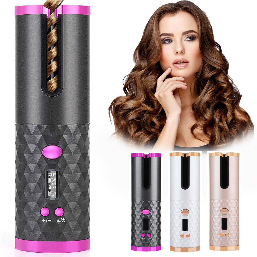 Fer à friser automatique rechargeable pour femmes, fer à friser portable avec affichage LCD, en céramique, pour des boucles ondulées rotatives.