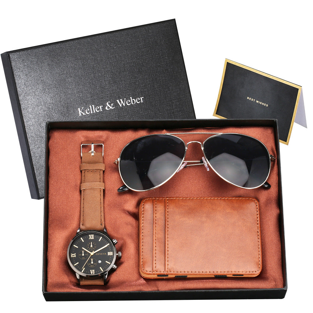 Coffret cadeau montre à quartz pour homme, lunettes, portefeuille, coffret cadeau