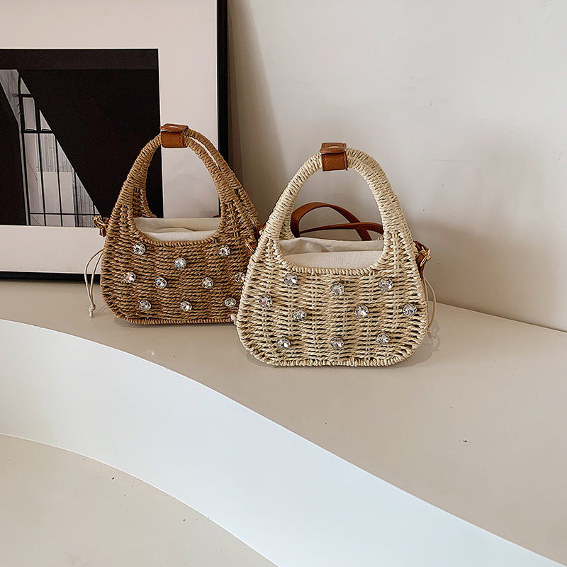 Sac tissé pour femme, sac messager portable à bandoulière avec strass