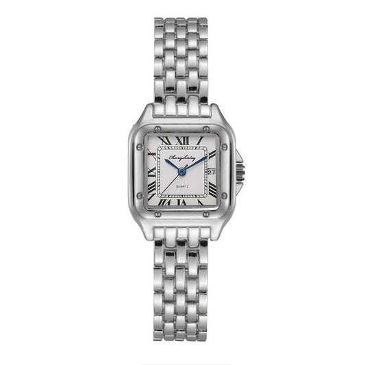 Stainless steel couple quartz watch with simple and square design.