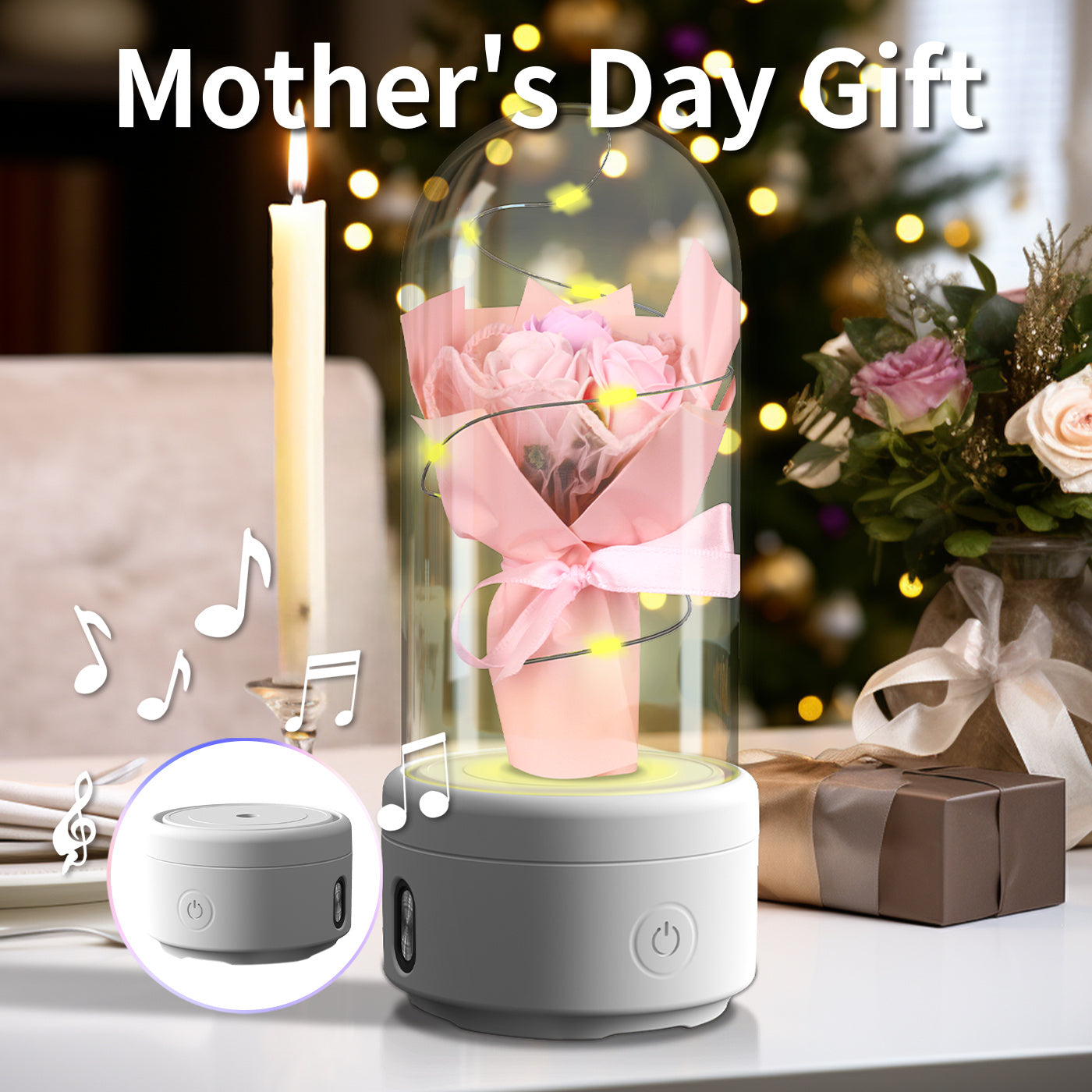 Bouquet créatif 2 en 1 avec lumière LED et haut-parleur compatible Bluetooth, cadeau de fête des mères, veilleuse lumineuse en forme de rose, ornement dans un couvercle en verre