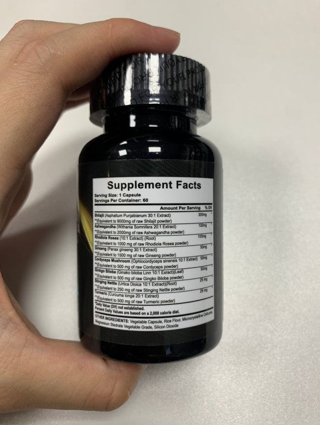 Shilajit Pure Himalayan 9000MG, Booster d'énergie Ashwagandha 2000MG, Rhodiola Rosea 999MG, Panax Ginseng 1500MG, Curcuma 500MG, Ginkgo Biloba 500MG, Ortie 250MG Champignon Cordyceps 500