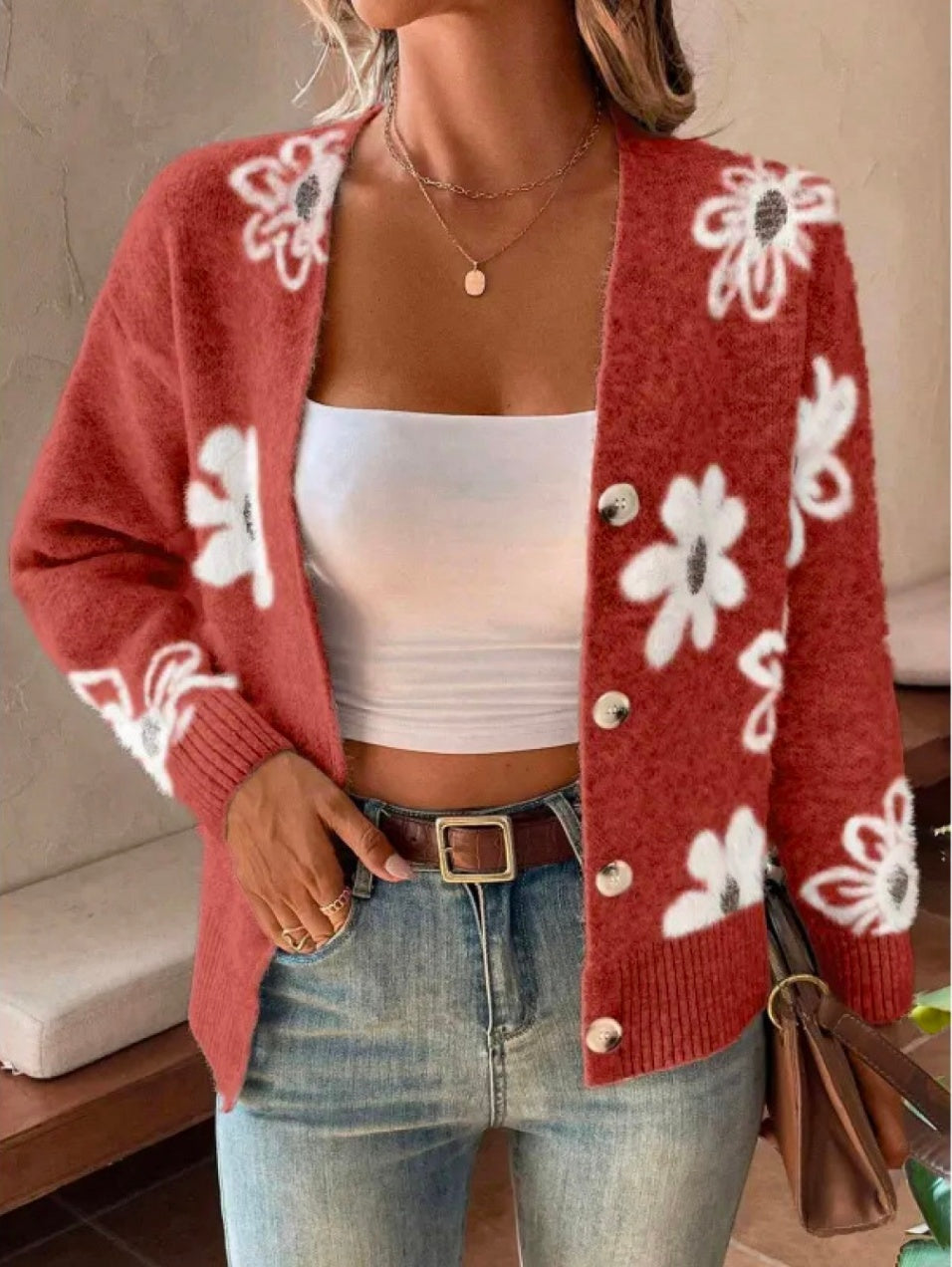 Cardigan à boutons avec imprimé floral