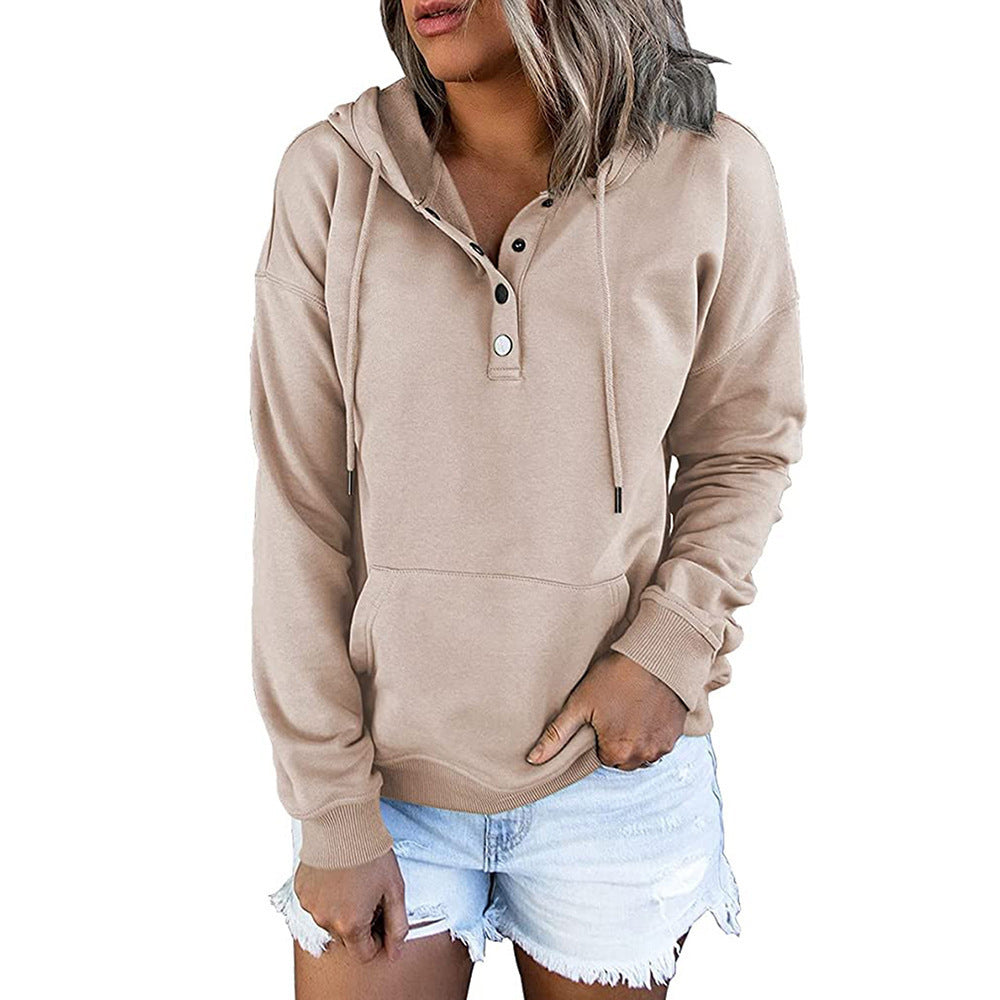 Sweat à capuche à manches longues avec poches, design décontracté avec boutons et cordon de serrage, vêtements de sport pour femmes, printemps et automne