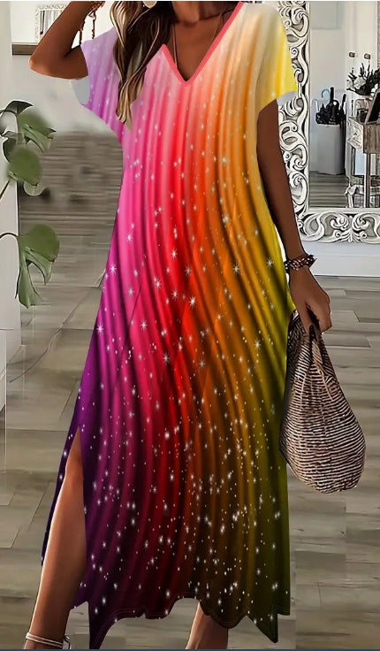 Robe décontractée à imprimé ombre pour femmes, taille plus, à manches courtes, col en V avec fente latérale, extensibilité moyenne, toutes saisons, robe décontractée taille plus.