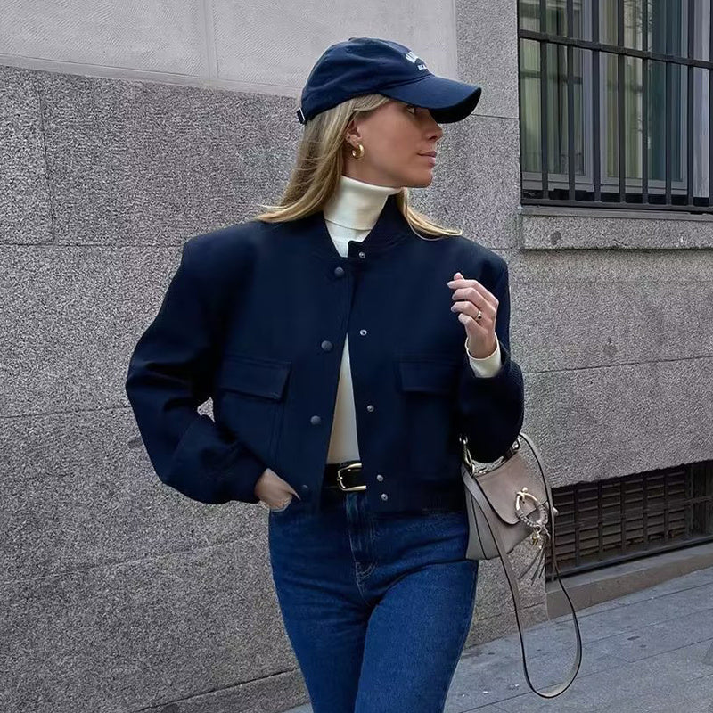 Veste courte à col montant à simple boutonnage avec poches, mode à manches longues, manteau pour vêtements féminins.