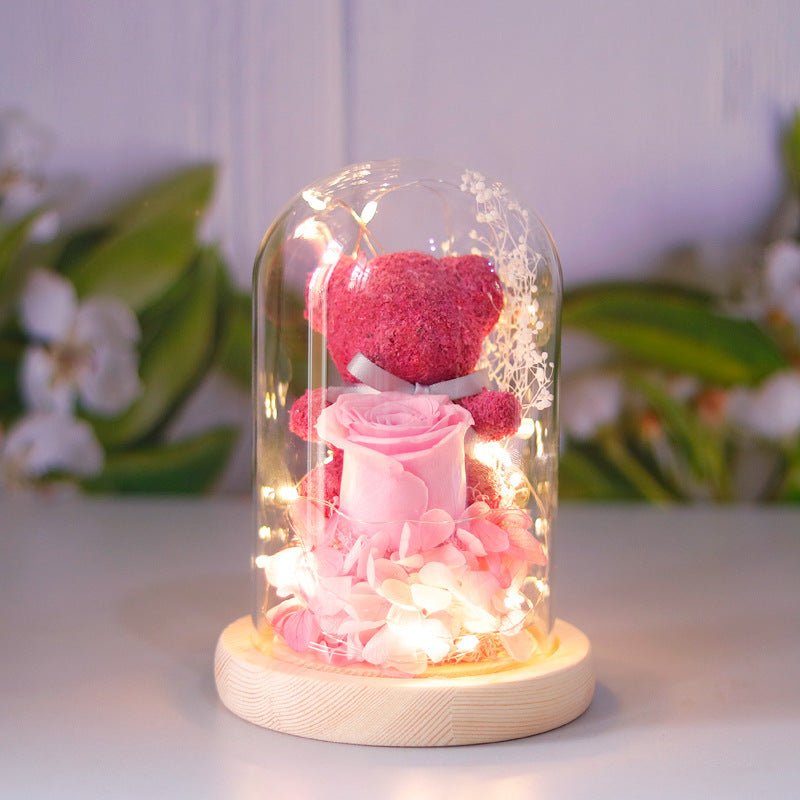 Cadeau de la Saint - Valentin pour petite amie, boîte - cadeau de rose éternelle préservée, ours en peluche, fleur éternelle avec lumières, cadeau pour femmes, décoration intérieure. - KaoKao