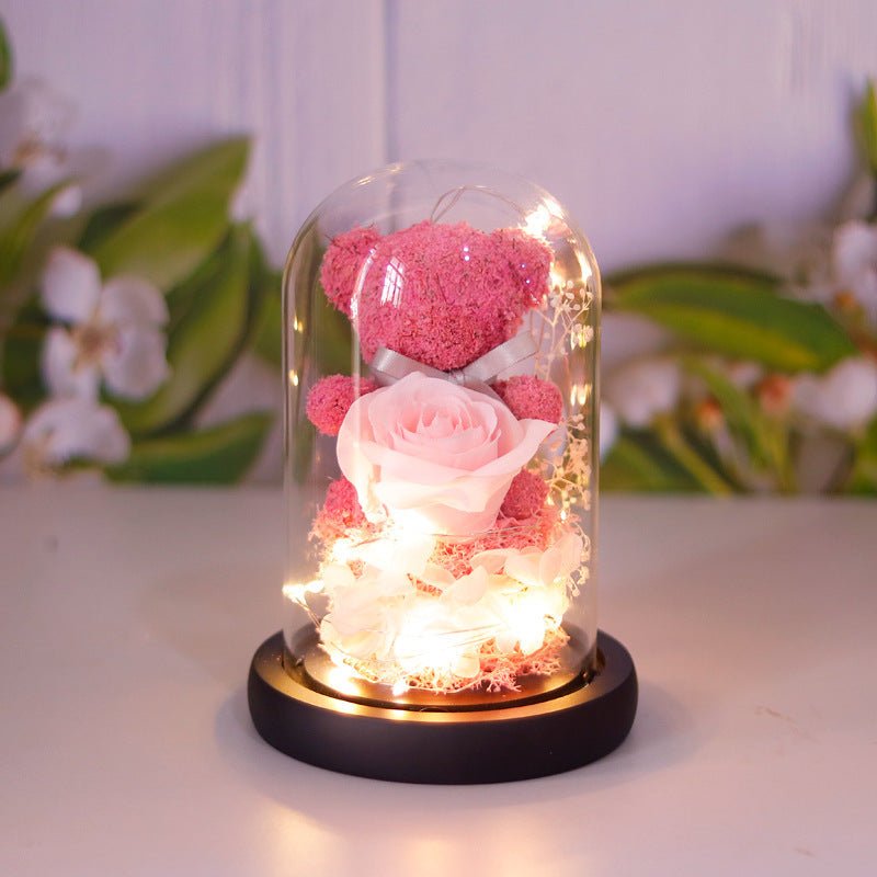 Cadeau de la Saint - Valentin pour petite amie, boîte - cadeau de rose éternelle préservée, ours en peluche, fleur éternelle avec lumières, cadeau pour femmes, décoration intérieure. - KaoKao