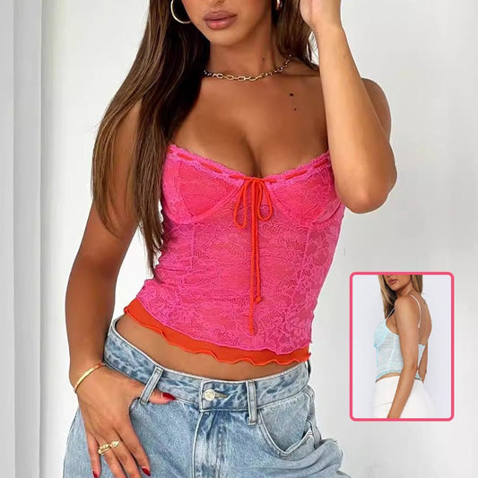 Camisole sexy en dentelle pour femme, haut d'été slim en gaze, dos nu, à lacets - KaoKao