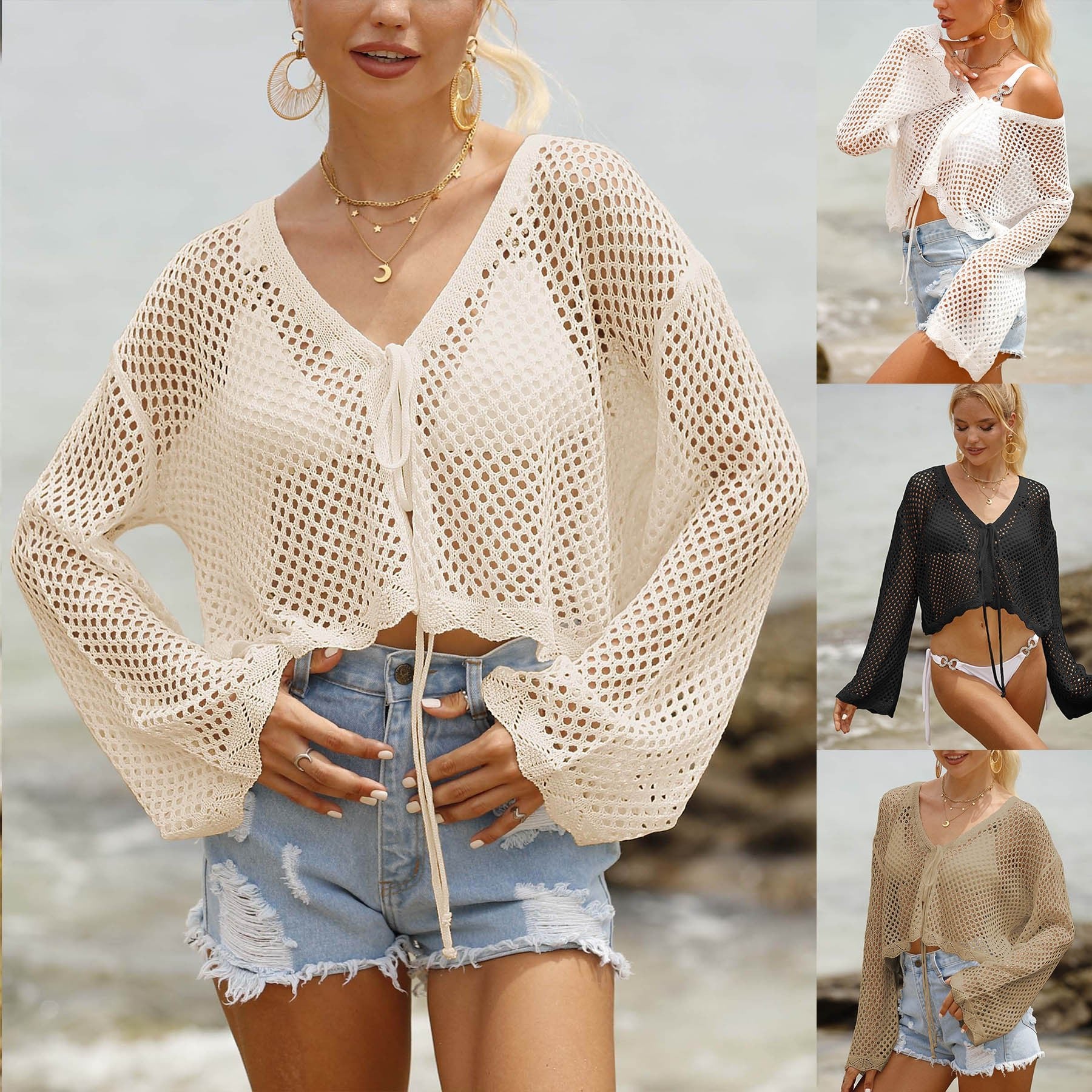 Cardigan à lacets pour femme, chemisier à manches longues ajouré pour la plage et la protection solaire - KaoKao