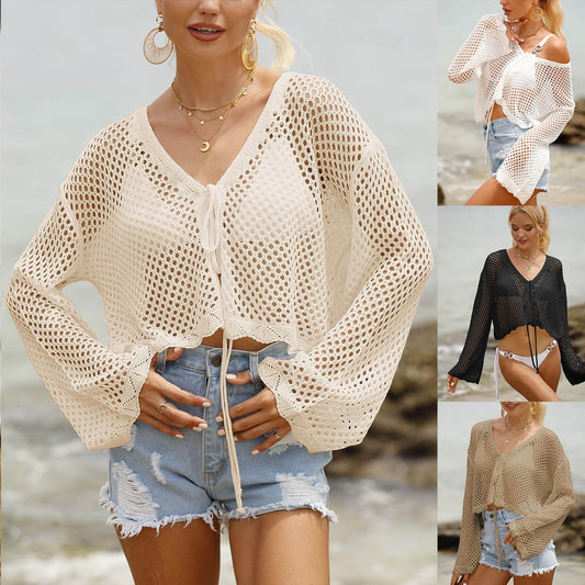 Cardigan à lacets pour femme, chemisier à manches longues ajouré pour la plage et la protection solaire - KaoKao