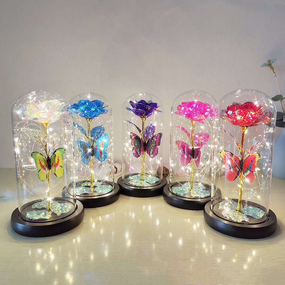 Cadeau de Saint-Valentin Rose éternelle Fleur en aluminium avec lumière LED dans un couvercle en verre Cadeaux de mariage pour la fête des mères Cadeau de demoiselle d'honneur