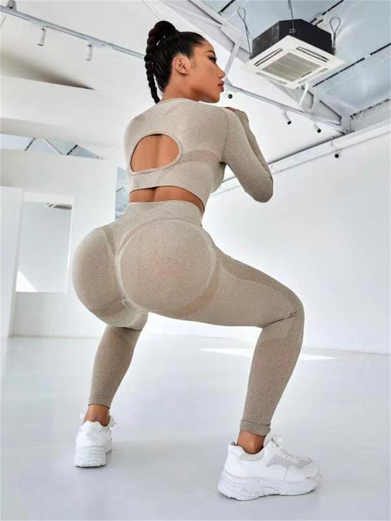 Ensembles de sport 2 pièces, hauts à manches longues avec design creux et leggings de fitness sans couture à taille haute pour le soulèvement des fesses, vêtements de sport pour la gym.