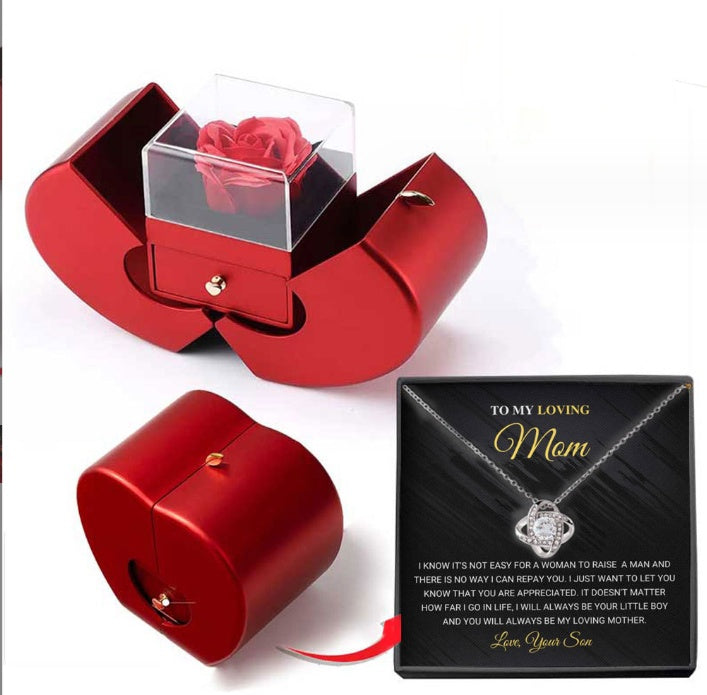 Boîte à bijoux de mode pomme rouge cadeau de Noël collier rose éternelle pour fille cadeaux de la fête des mères et de la Saint-Valentin avec boîte à bijoux en fleur artificielle.