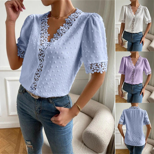 Chemise à manches courtes en dentelle florale, mode estivale, col en V, vêtements pour femmes - KaoKao