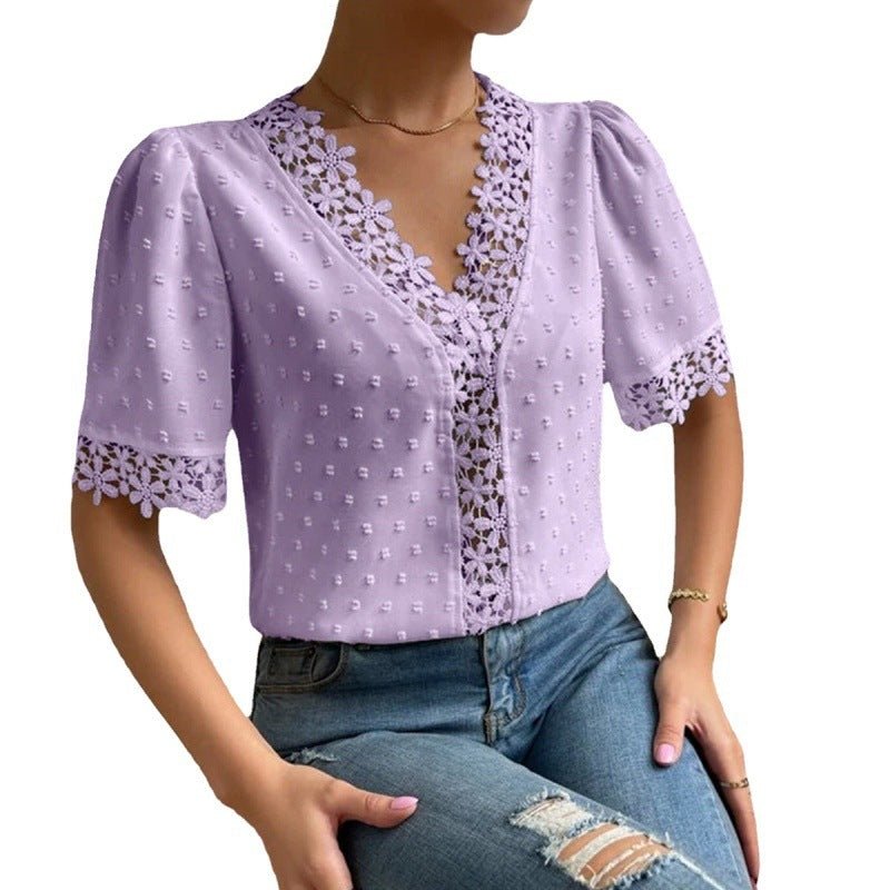 Chemise à manches courtes en dentelle florale, mode estivale, col en V, vêtements pour femmes - KaoKao