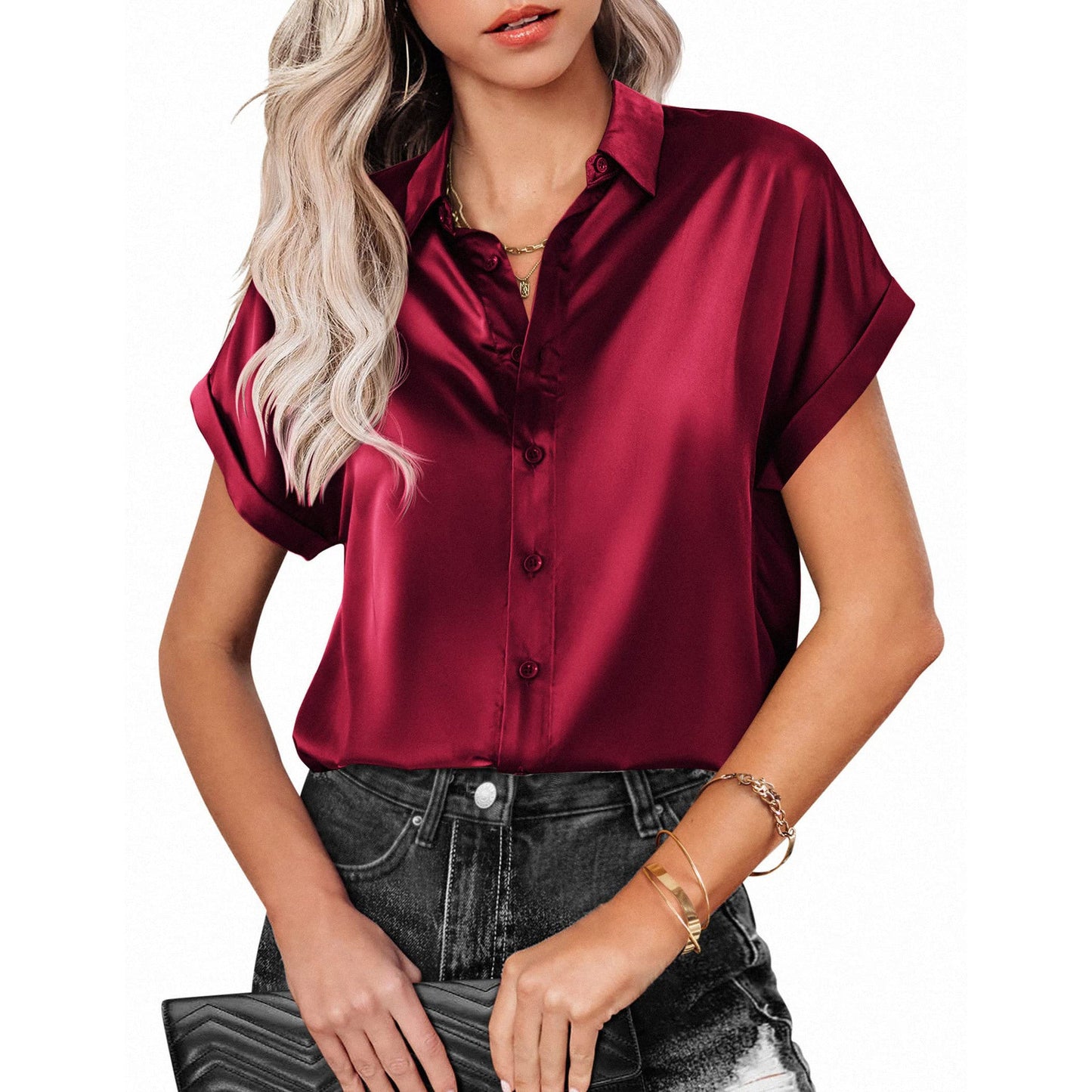 Chemise à manches courtes et revers boutonnés, haut de plage décontracté, ample, couleur unie, pour femmes - KaoKao