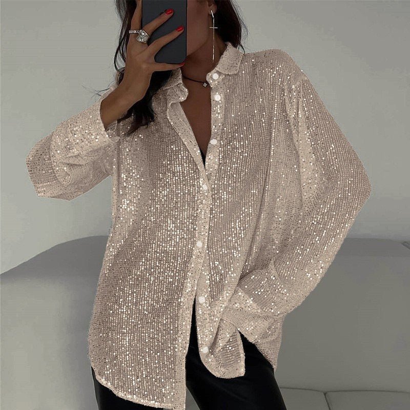 Chemise à paillettes à manches longues, style streetwear, à revers, pour soirée - KaoKao