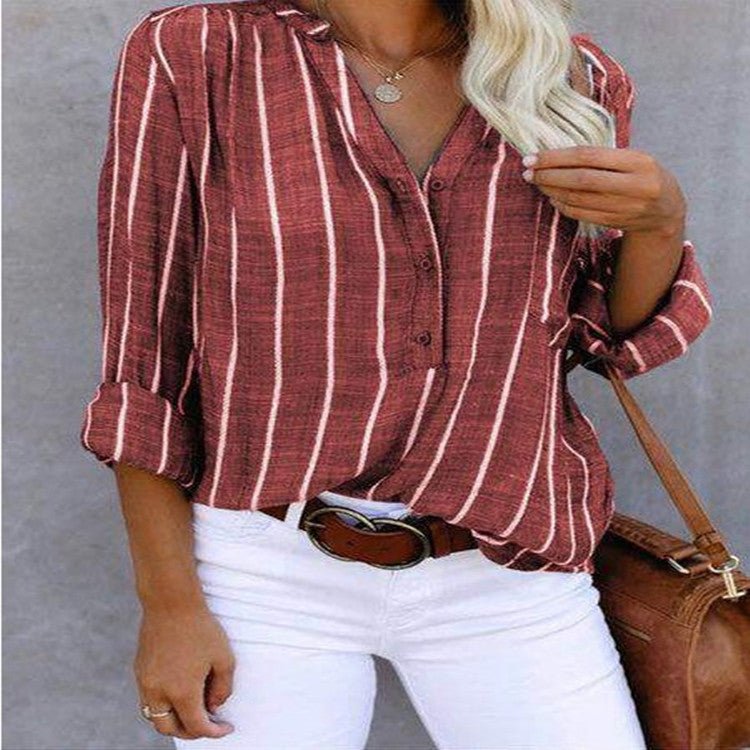 Chemise à rayures et col en V, manches longues, poches et boutons, vêtements pour femmes - KaoKao