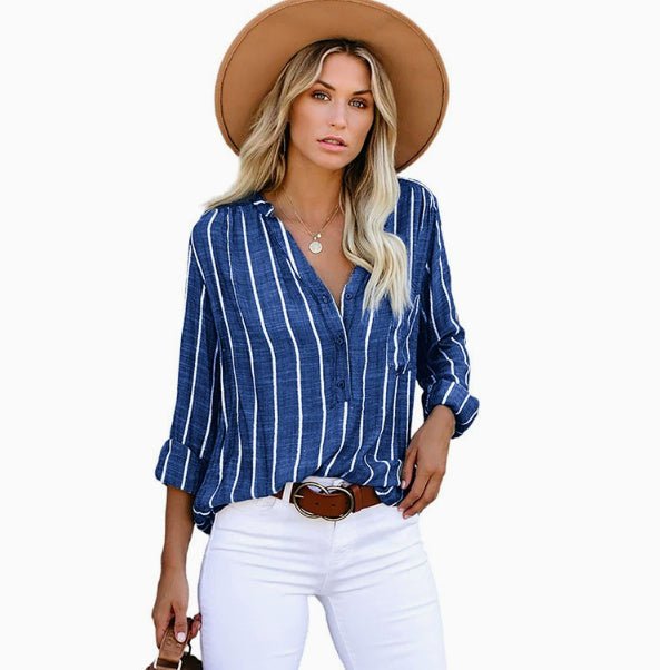 Chemise à rayures et col en V, manches longues, poches et boutons, vêtements pour femmes - KaoKao