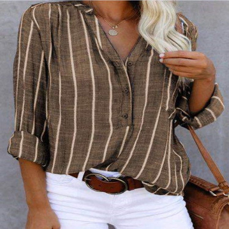 Chemise à rayures et col en V, manches longues, poches et boutons, vêtements pour femmes - KaoKao