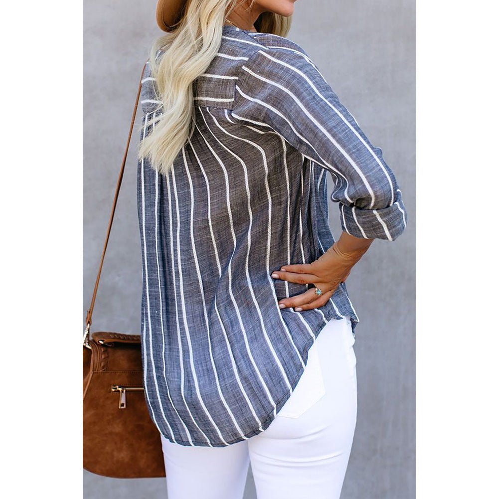 Chemise à rayures et col en V, manches longues, poches et boutons, vêtements pour femmes - KaoKao