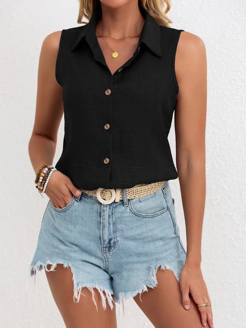 Chemise à revers simple boutonnage de couleur unie, haut ample sans manches en coton et lin - KaoKao