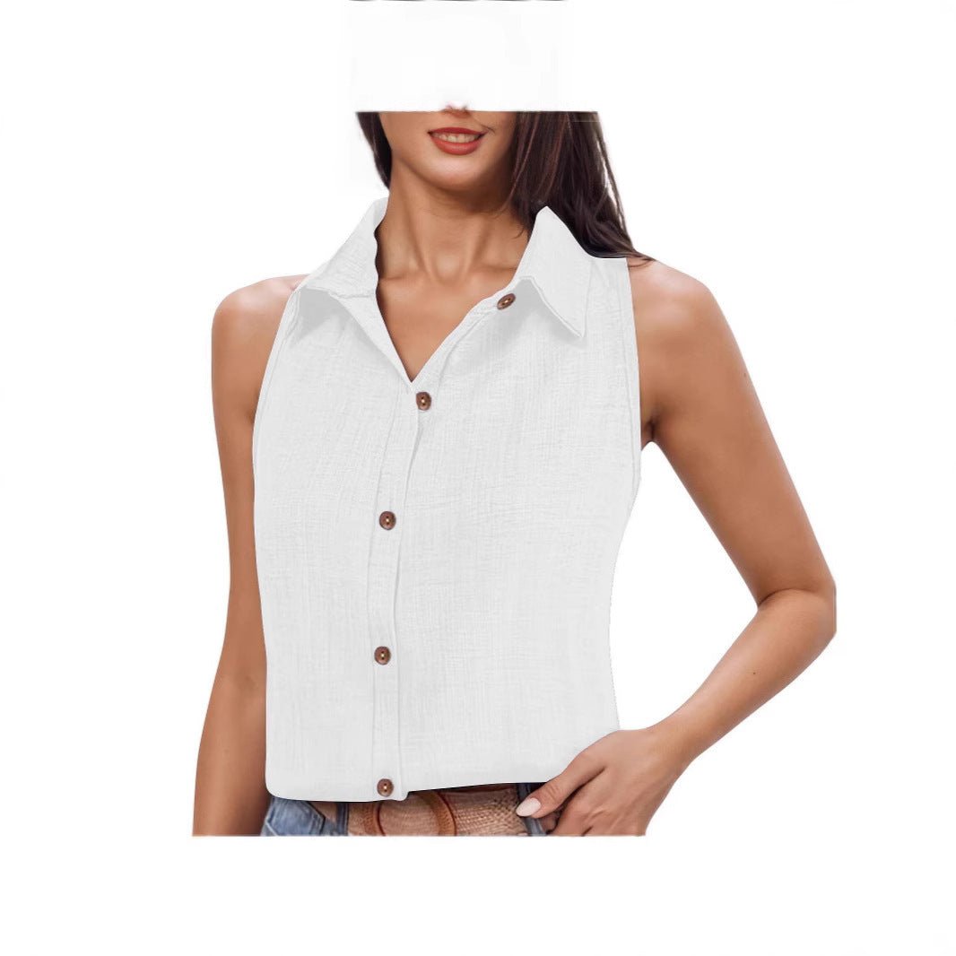 Chemise à revers simple boutonnage de couleur unie, haut ample sans manches en coton et lin - KaoKao