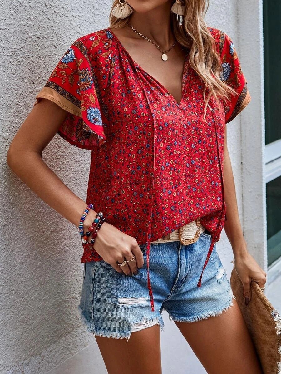 Chemise ample à manches courtes et col en V, style national décontracté, imprimé, style européen et américain, nouvelle collection été - KaoKao