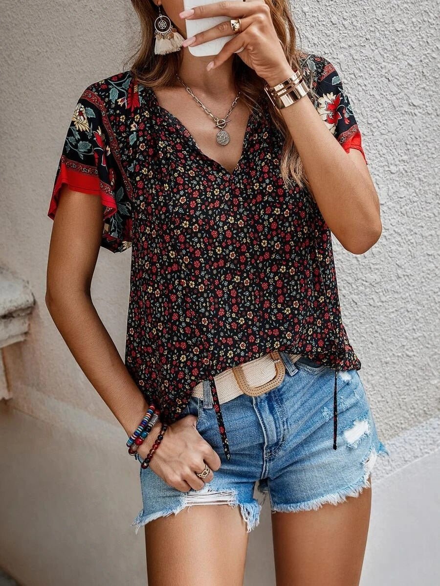 Chemise ample à manches courtes et col en V, style national décontracté, imprimé, style européen et américain, nouvelle collection été - KaoKao