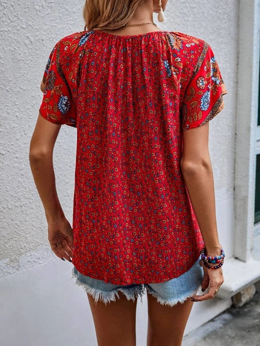 Chemise ample à manches courtes et col en V, style national décontracté, imprimé, style européen et américain, nouvelle collection été - KaoKao