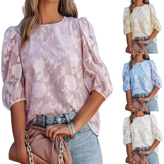 Chemise ample en mousseline à manches bouffantes pour femme, motif floral - KaoKao