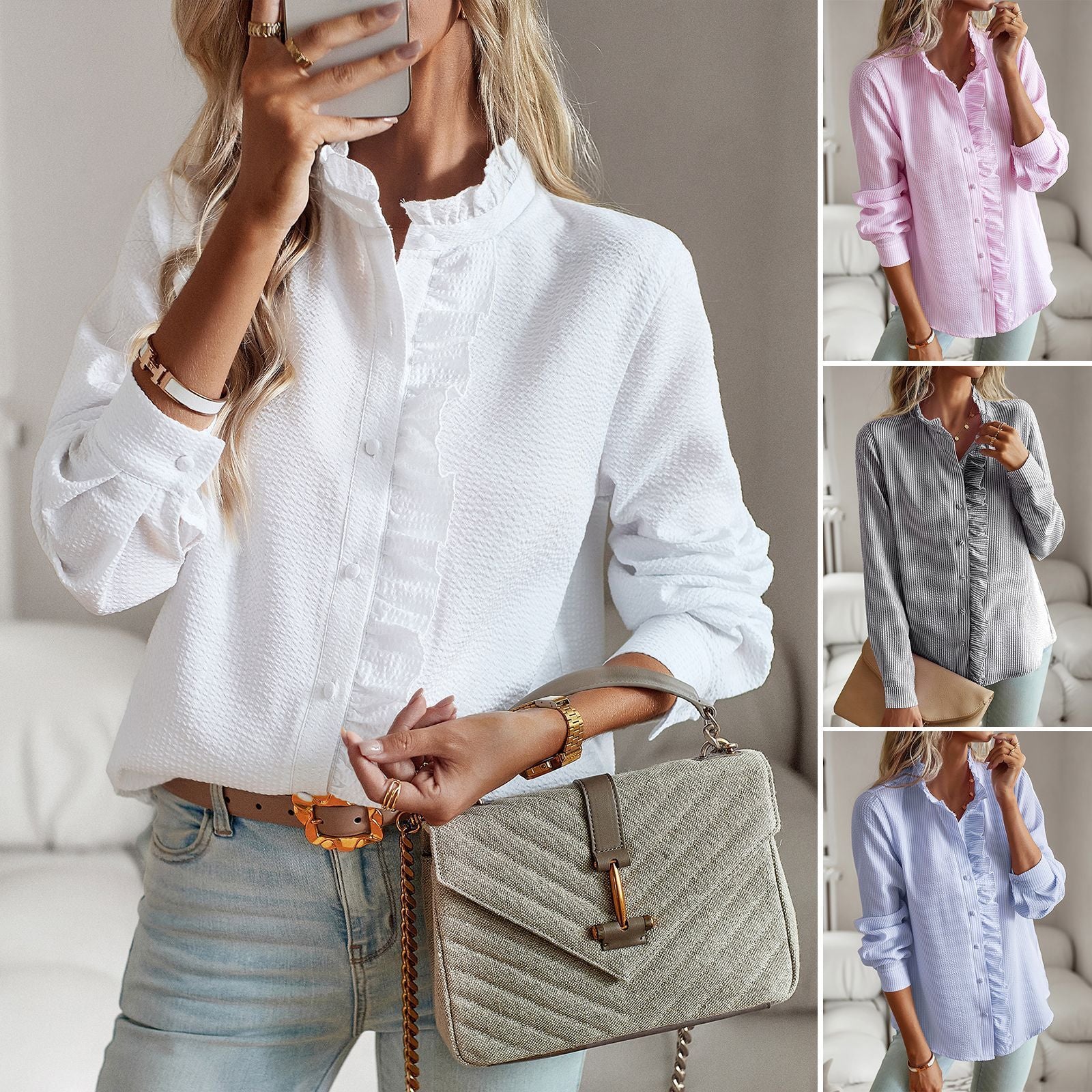 Chemise rayée à manches longues, à volants, à boutons, décontractée, élégante, pour le bureau et les déplacements. - KaoKao