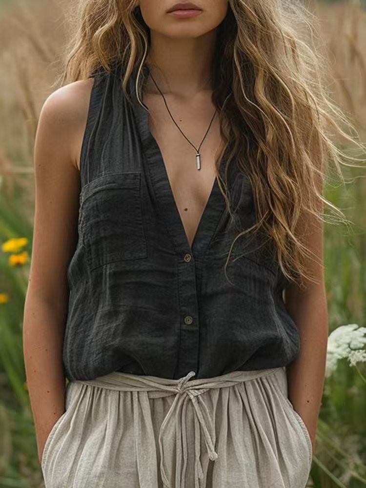 Chemise sans manches décontractée en coton et lin pour femme, col en V, avec poches - KaoKao