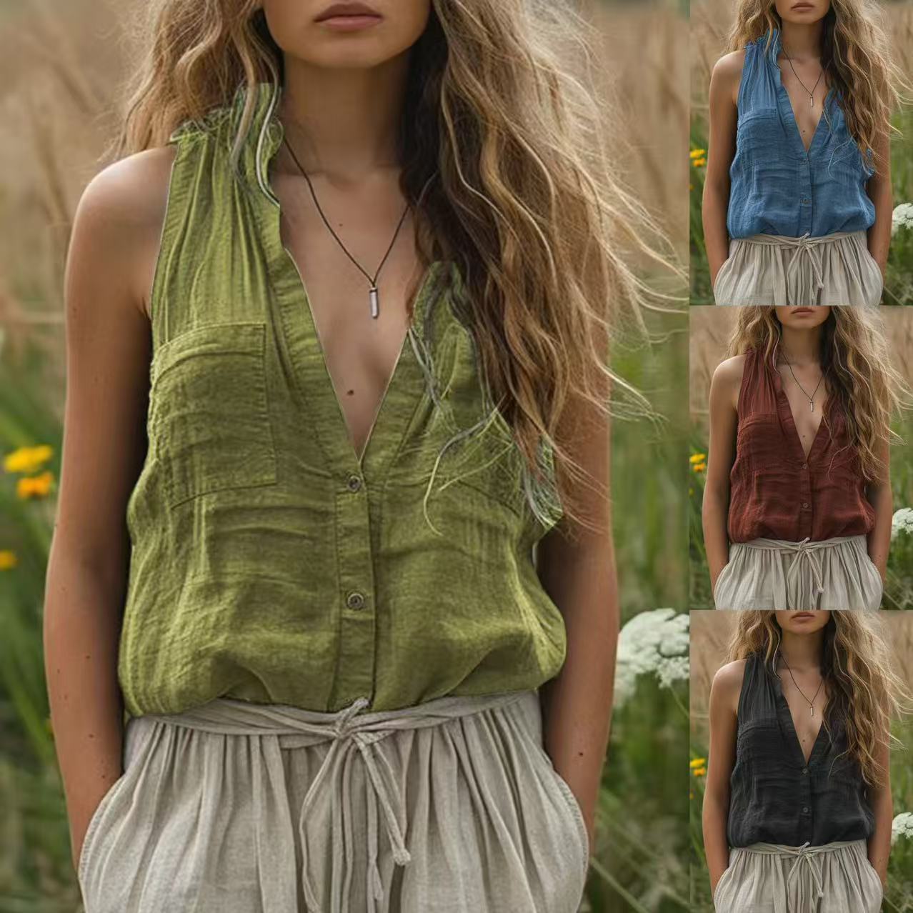 Chemise sans manches décontractée en coton et lin pour femme, col en V, avec poches - KaoKao