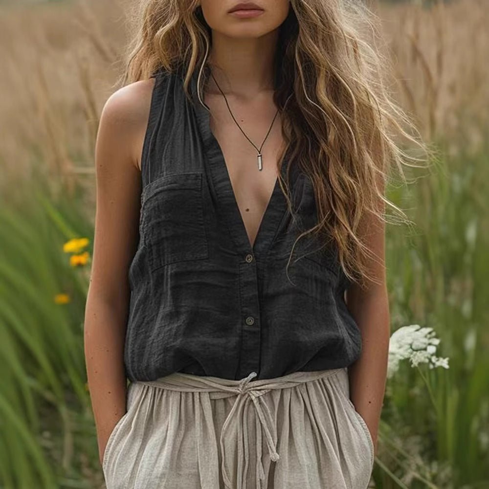 Chemise sans manches décontractée en coton et lin pour femme, col en V, avec poches - KaoKao