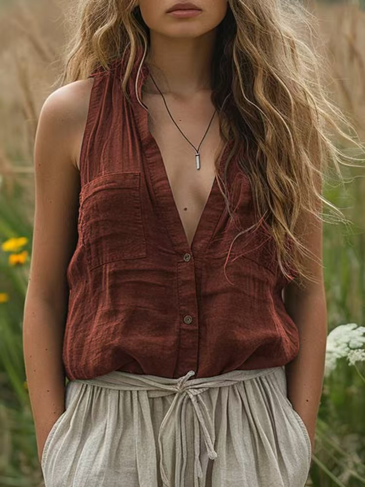 Chemise sans manches décontractée en coton et lin pour femme, col en V, avec poches - KaoKao