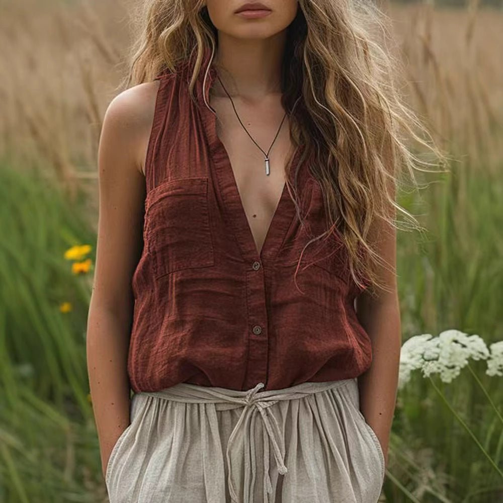 Chemise sans manches décontractée en coton et lin pour femme, col en V, avec poches - KaoKao