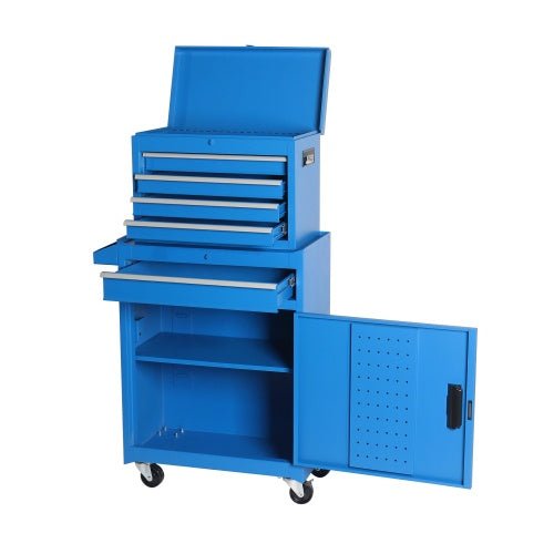 Coffre à outils, armoire de rangement à roulettes à 5 tiroirs avec plateau amovible, doublure, roulettes verrouillables universelles, étagère réglable, mécanisme de verrouillage, chariot à outils en métal pour garage et atelier - KaoKao