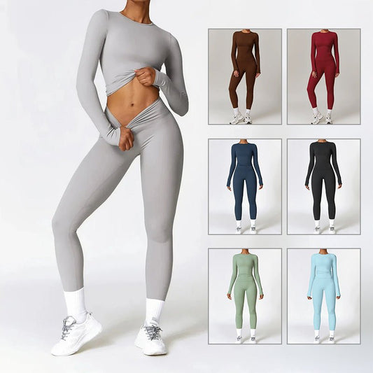 Combinaison de yoga moulante et brossée, vêtements de fitness à séchage rapide, survêtements de fitness à manches longues, combinaison de sport, haut de sport, leggings taille haute, ensembles pour femmes, ensemble de yoga - KaoKao