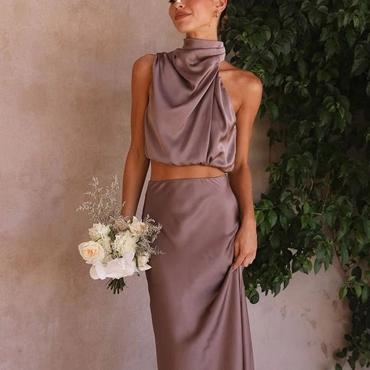 Costume deux pièces décontracté en satin multicolore pour femme, coupe slim - KaoKao