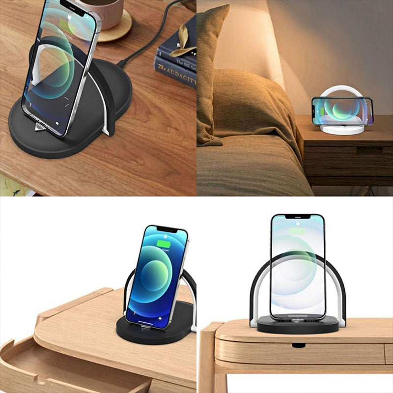 Station de charge sans fil pliable 3 en 1 avec lumière nocturne, station de charge sans fil Stonego, lampe de lecture LED de table 15W avec chargement rapide.