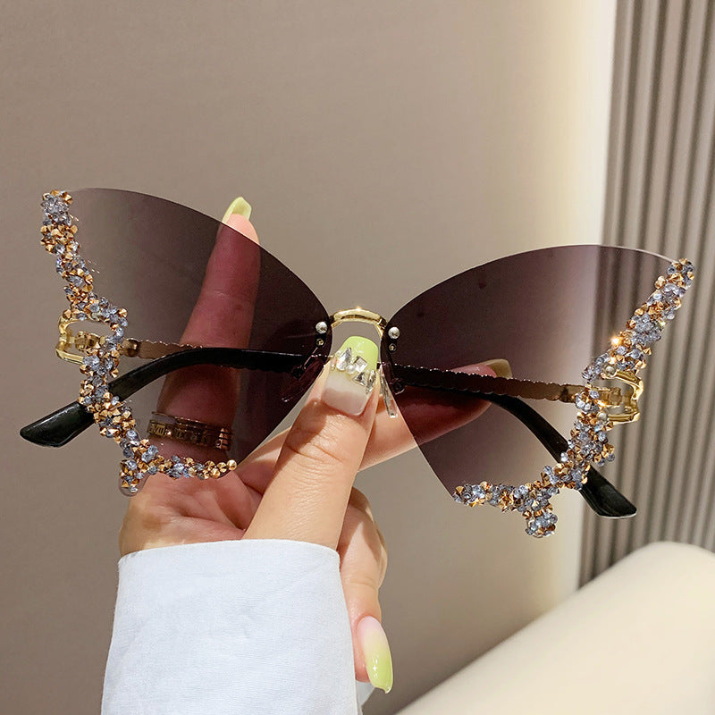 Lunettes de soleil papillon diamant de luxe pour femmes, marque Y2K, vintage, sans monture, surdimensionnées, lunettes de soleil pour dames