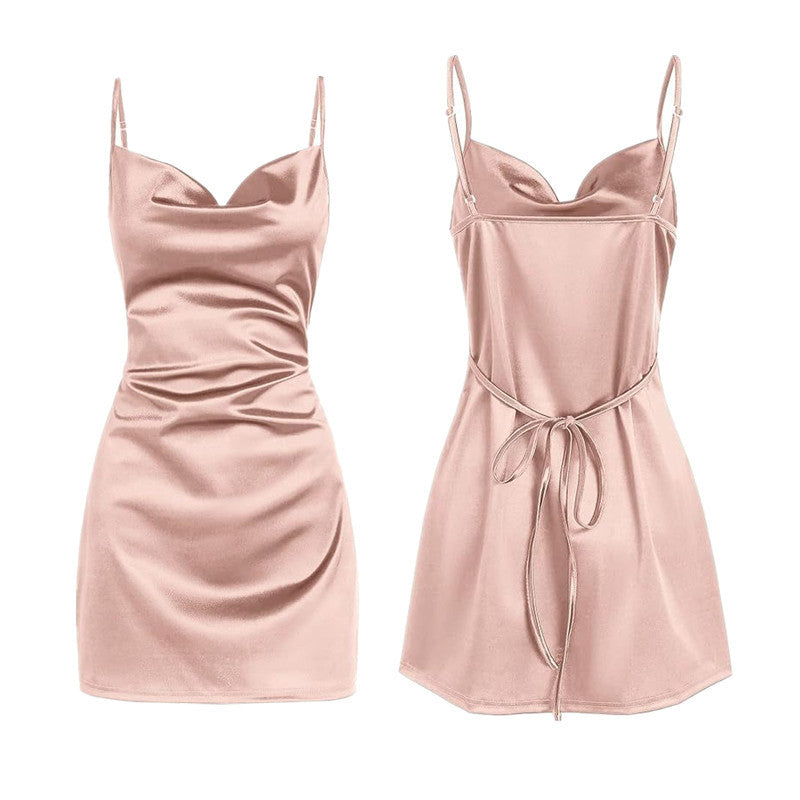 Robe d'été sexy et élégante en satin à bretelles et dos nu avec lacets