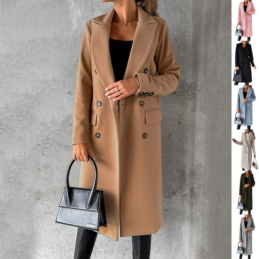 Manteau à manches longues avec col, mode d'hiver, solide, à double boutonnage, veste longue slim, vêtements pour femmes.