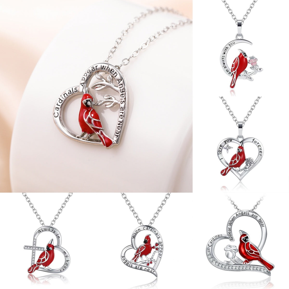 Collier pendentif en forme de cœur créatif avec cardinal, accessoire commémoratif exquis pour les fêtes, bijoux cadeaux d'anniversaire, cadeaux pour la fête de la Saint-Valentin.